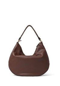 Borsa in pelle marrone con forma arrotondata, dotata di manico intrecciato e accessori in tono oro. Chiusura con zip lungo la parte superiore. Texture liscia.