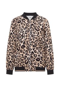 Blouson bomber à imprimé léopard avec col, poignets et ourlet noirs, fermeture éclair devant, fond beige, taches noires et brunes, manches longues.