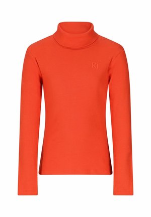 Pull orange à col roulé manches longues avec texture côtelée et logo RJ subtilement embossé sur la poitrine, présenté sur fond blanc.