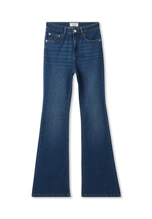 Jeans a vita alta svasati in denim blu scuro con leggere sfumature, doppi tasche frontali e chiusura classica con bottone.