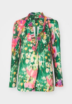 Floral blazer in vibrant green featuring pink and yellow flower patterns, a ruffled collar, and long sleeves. Made from smooth fabric.