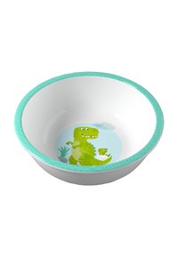 Keramische kom met een glanzend witte binnenkant en een gestructureerde turquoise rand. Bevat een afbeelding van een groene dinosaurus en een baby, tegen een lichte achtergrond.