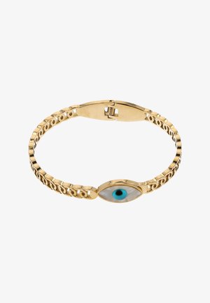 Bracciale a catena d'oro con ciondolo a forma di occhio che presenta un design della pupilla blu e nera, chiuso con una fibbia.