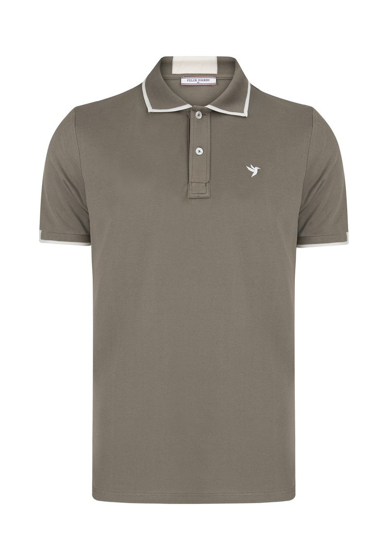 Polo de color verde oliva con detalles en blanco, cuello abotonado, mangas cortas y un pequeño logo en el pecho. Fabricado con una tela texturizada.