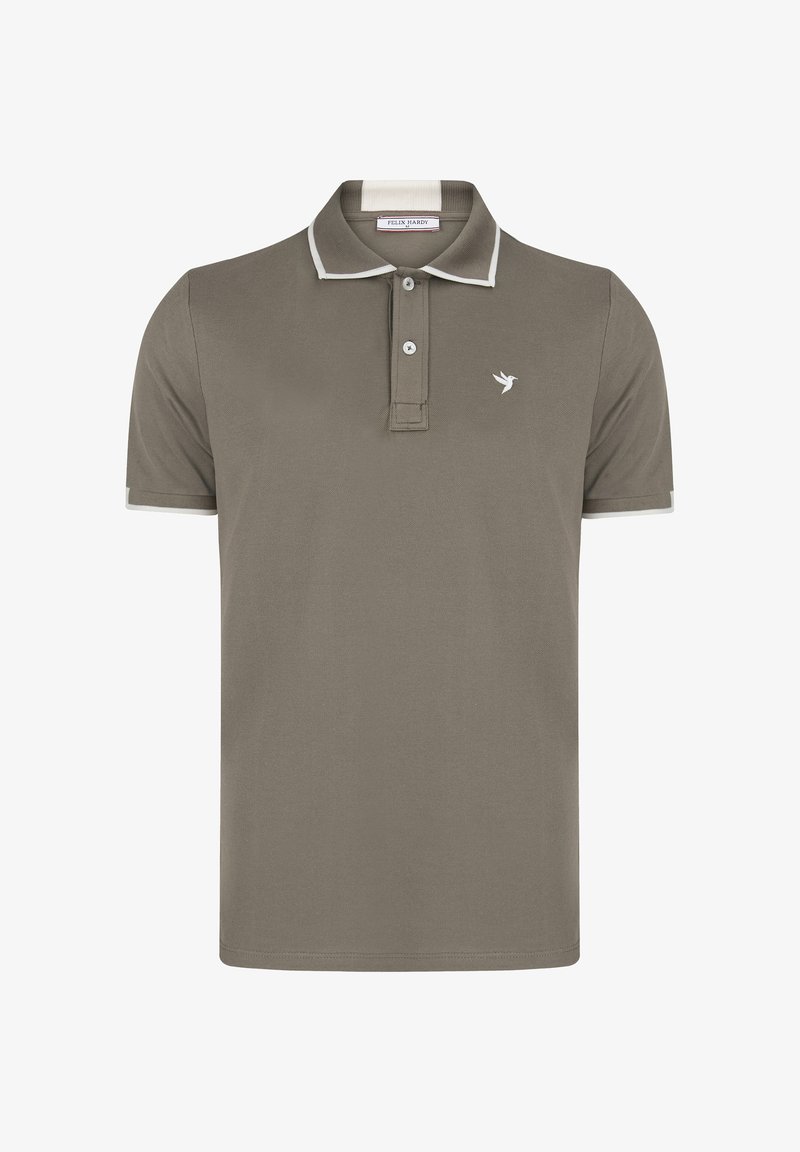 Oliven grøn polo-shirt med hvide detaljer, knaplukket krave, korte ærmer og et lille logo på brystet. Fremstillet af et tekstureret stof.