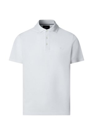 Weißes Polohemd mit kurzen Ärmeln, drei Knöpfen und einem kleinen gestickten Logo auf der linken Brust, vor weißem Hintergrund präsentiert.