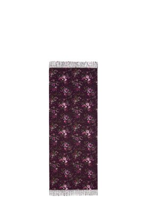 Bufanda rectangular larga con fondo morado oscuro, patrón floral rosa y verde, y flecos cortos en ambos extremos.