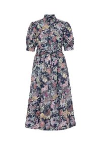 Midi-kjole med blomsterprint, pufærmer, høj hals, knapper foran og taljebånd på mørk marineblå baggrund.