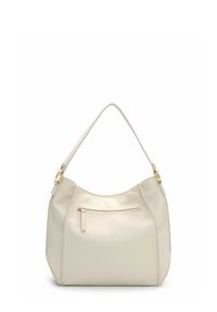 Borsa a mano in pelle beige con design curvo, tracolla singola, tasca frontale con cerniera e dettagli in metallo color oro. Superficie testurizzata.