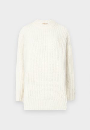 Tömbös kötésű pulóver törtfehér színben. Magas nyakkal, hosszú ujjal és texturált mintával rendelkezik. Puha, kényelmes anyag ribbeltszegéllyel.
