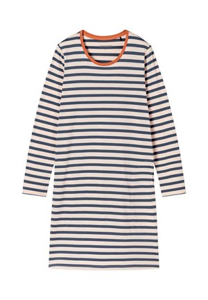 Randig långärmad klänning i kräm och marinblå, med en rundad orange halsringning och sidofickor. Mjuk tyg, avslappnad passform.