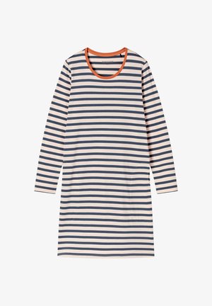 Stripet langærmet kjole i creme og marineblå, med en rund orange halsudskæring og sidelommer. Blødt stof, afslappet pasform.