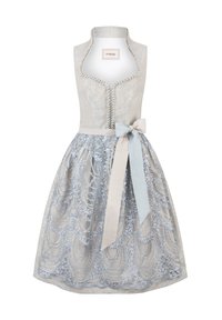Light blue dress with a fitted bodice, high collar, and intricate floral lace pattern on the skirt, finished with a satin ribbon bow.