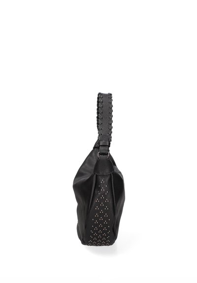 Sac en cuir noir avec finition texturée, doté d'une bandoulière tressée et d'accents métalliques. La base présente un motif de petits clous décoratifs.