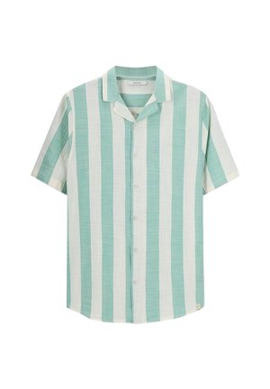 Chemise à manches courtes ornée de rayures verticales vert clair et blanches, réalisée en tissu tissé avec une fermeture à boutons et un col.