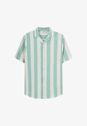 Korte mouw shirt met verticale lichtgroene en witte strepen, gemaakt van een geweven stof met een knoopsluiting aan de voorkant en een kraag.