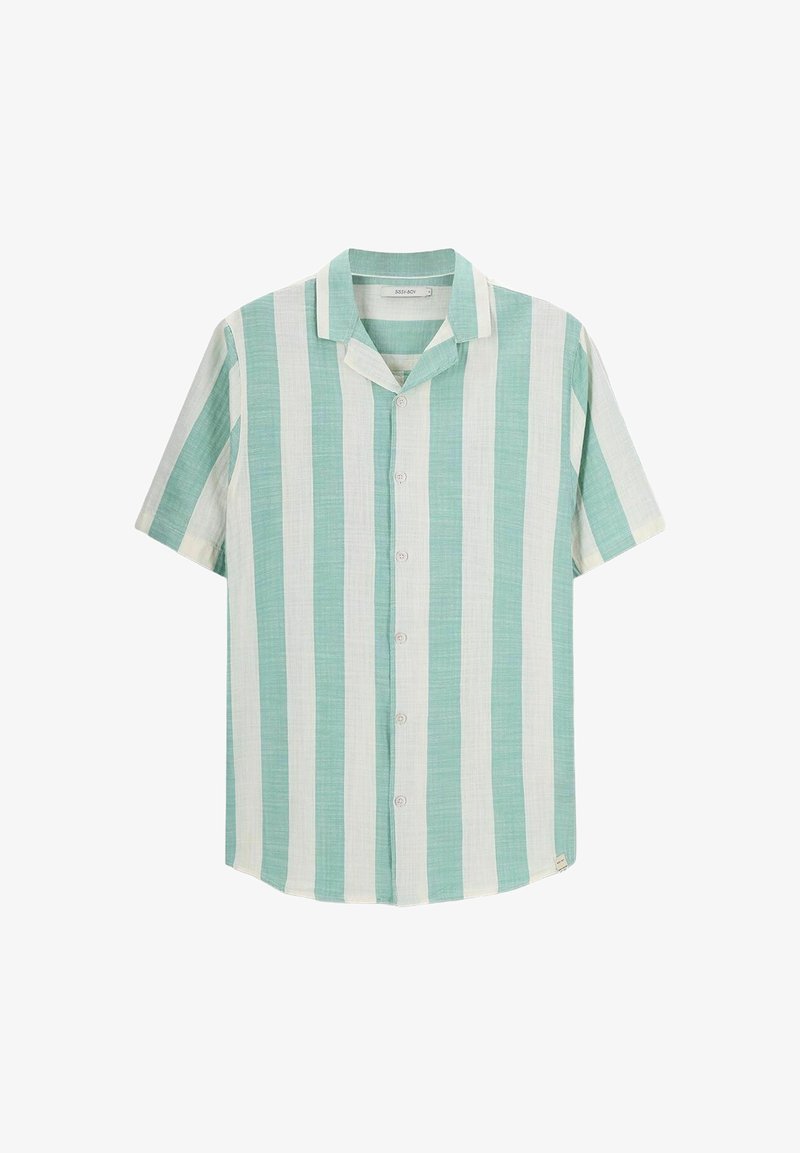 Korte mouw shirt met verticale lichtgroene en witte strepen, gemaakt van een geweven stof met een knoopsluiting aan de voorkant en een kraag.