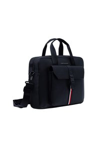 Borsa per laptop nera in materiale sintetico, con tasca anteriore a patta con chiusura a scatto, manici superiori e tracolla regolabile.