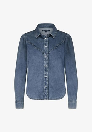 Denim overhemd in medium blauw met knoopsluiting aan de voorkant, kraag en western-stijl ales detail. Voorzien van lange mouwen en drukknopen.