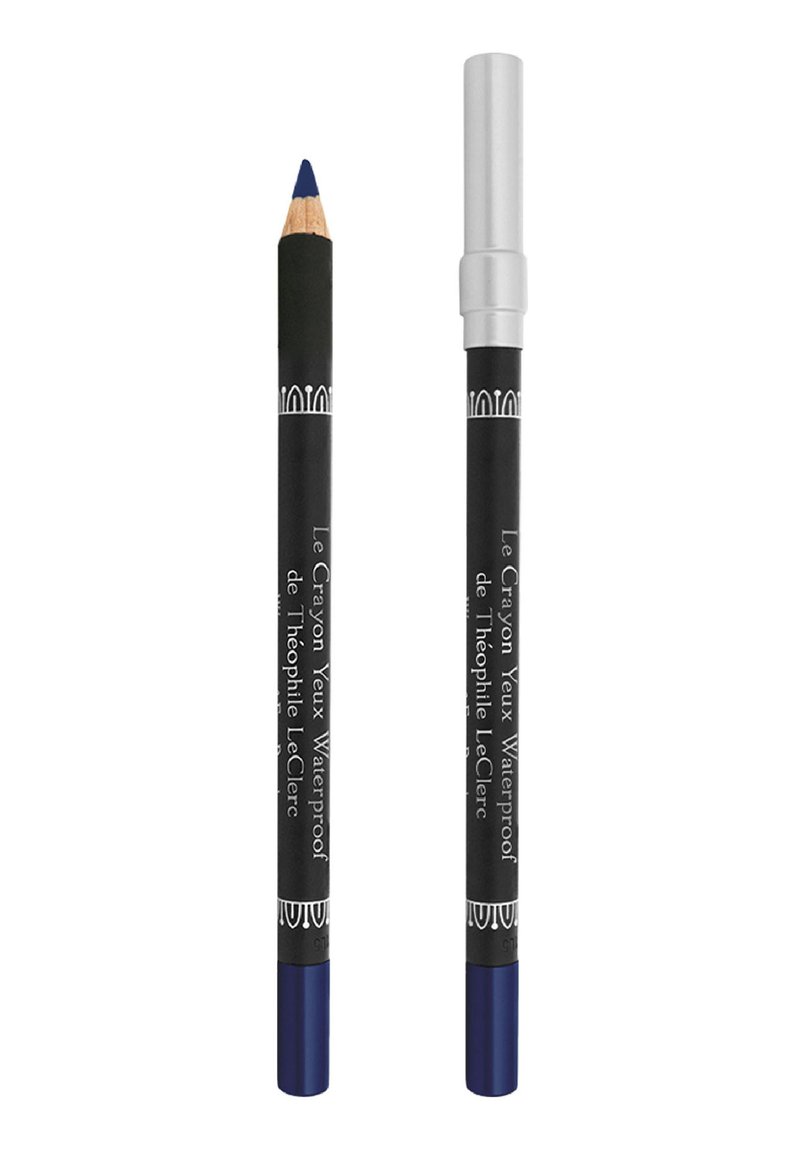 Wasserfester Eyeliner-Stift in Dunkelblau mit angespitzter Spitze, ausgestattet mit einem schwarzen Barrel mit weißem Text und einem silbernen Deckel für einfache Aufbewahrung.