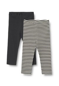 Zwei Leggings: eine einfarbig schwarz mit Rippstruktur, die andere in schwarz-weißen Streifen, beide mit elastischem Bund.