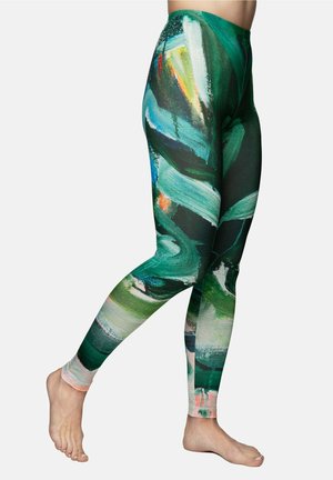 Tight-fitting leggings with a multicolored abstract pattern featuring green, blue, orange, and pink hues; made of stretchable fabric.