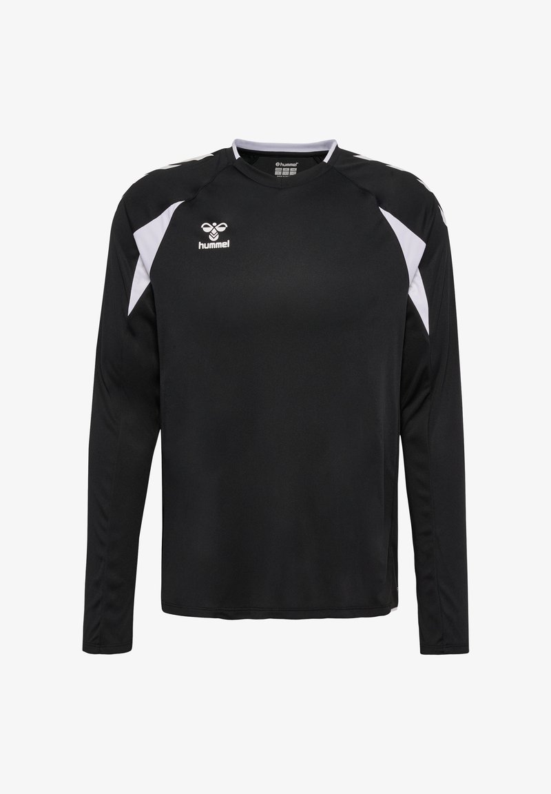Maillot de sport noir à manches longues avec des accents blancs sur les côtés et les épaules, arborant le logo hummel sur la poitrine.
