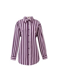 Lange mouwen shirt met verticale strepen in donkerpaars en lichtlavendel. Gemaakt van stof met een gladde textuur en een puntige kraag.