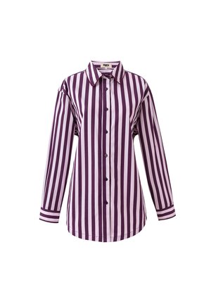 Lange mouwen shirt met verticale strepen in donkerpaars en lichtlavendel. Gemaakt van stof met een gladde textuur en een puntige kraag.