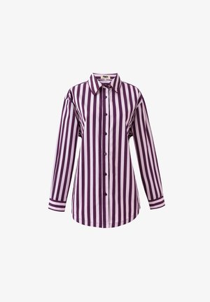 Lange mouwen shirt met verticale strepen in donkerpaars en lichtlavendel. Gemaakt van stof met een gladde textuur en een puntige kraag.