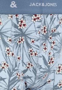 Sous-vêtements à motifs floraux bleus avec une ceinture élastique grise portant le texte "JACK & JONES". Tissu doux avec des dessins de fleurs blanches et rouges.