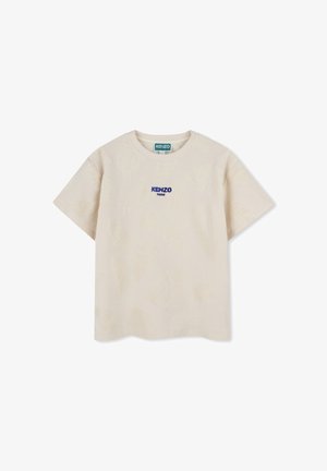 Beige katoenen T-shirt met een textuurpatroon van bladeren, korte mouwen en een ronde hals. Voorzien van een paarse "KENZO Paris" logo op de voorkant.