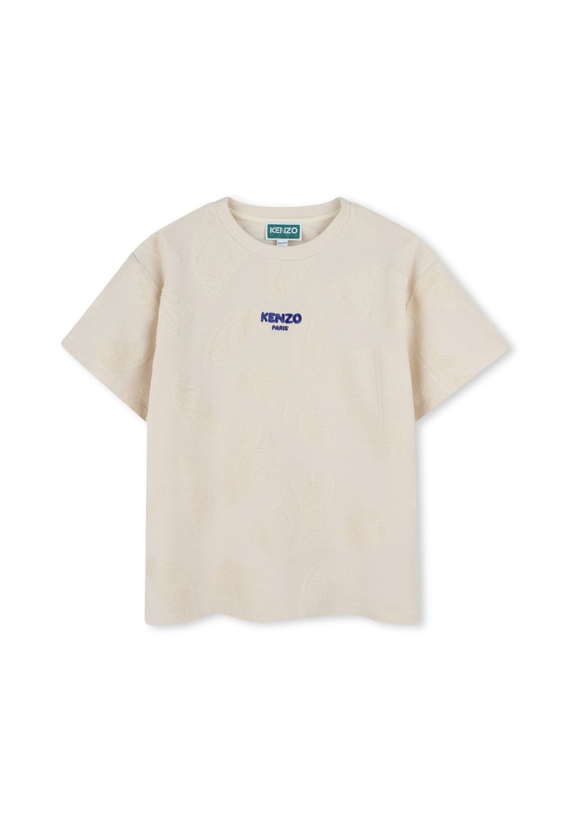 T-shirt beige en coton avec un motif de feuilles texturé, manches courtes et col rond. Présente le logo violet "KENZO Paris" sur le devant.