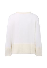 Weißer Pullover mit langen Ärmeln, gerippter Textur am Saum und an den Bündchen, verfügt über ein geschichtetes Design in einem sanften Cremefarbton an der Unterseite.