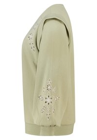 Lichtgroene trui met bloemenborduurwerk langs de schouder en mouw. Voorzien van een ronde halslijn en geribbelde boorden aan de zoom.