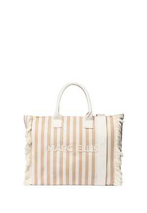 Borsa tote in tessuto a righe beige e bianco con bordi sfrangiati e due manici, dotata di una tracolla larga removibile.