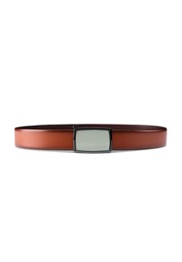 Brown leather belt with a smooth finish, featuring a rectangular stainless steel buckle with a brushed texture and black accents.