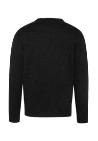 Dunkelgrauer Strickpullover mit Rundhalsausschnitt und langen Ärmeln. Mit gerippten Bündchen und Saum. Einfaches, einfarbiges Muster ohne Verzierungen.