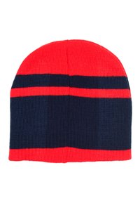 Knitted beanie in red with navy blue horizontal stripes. Soft material, rounded shape, and a ribbed texture throughout.