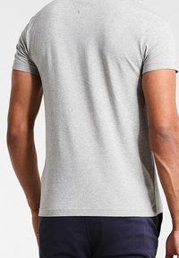 Graues T-Shirt mit kurzen Ärmeln aus Baumwolle. Enganliegendes Design mit glatter Textur und abgerundetem Saum, das ein dezentes Rückennähdetail aufweist.