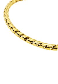Złocisty metalowy naszyjnik łańcuchowy z przeplatającymi się, gładkimi ogniwami; charakteryzuje się eleganckim, zaokrąglonym kształtem oraz błyszczącym wykończeniem.