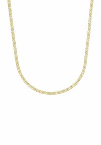 Guldinfärgad kedjehalsband med flätad design och en slät, blank yta, som består av flera sammanflätade länkar.