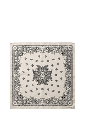 Quadratisches beiges Bandana mit schwarzen, kunstvollen Paisley- und Blumenmustern in der Mitte und entlang der Ränder, mit der Aufschrift "VIVISENCE" in der Ecke.