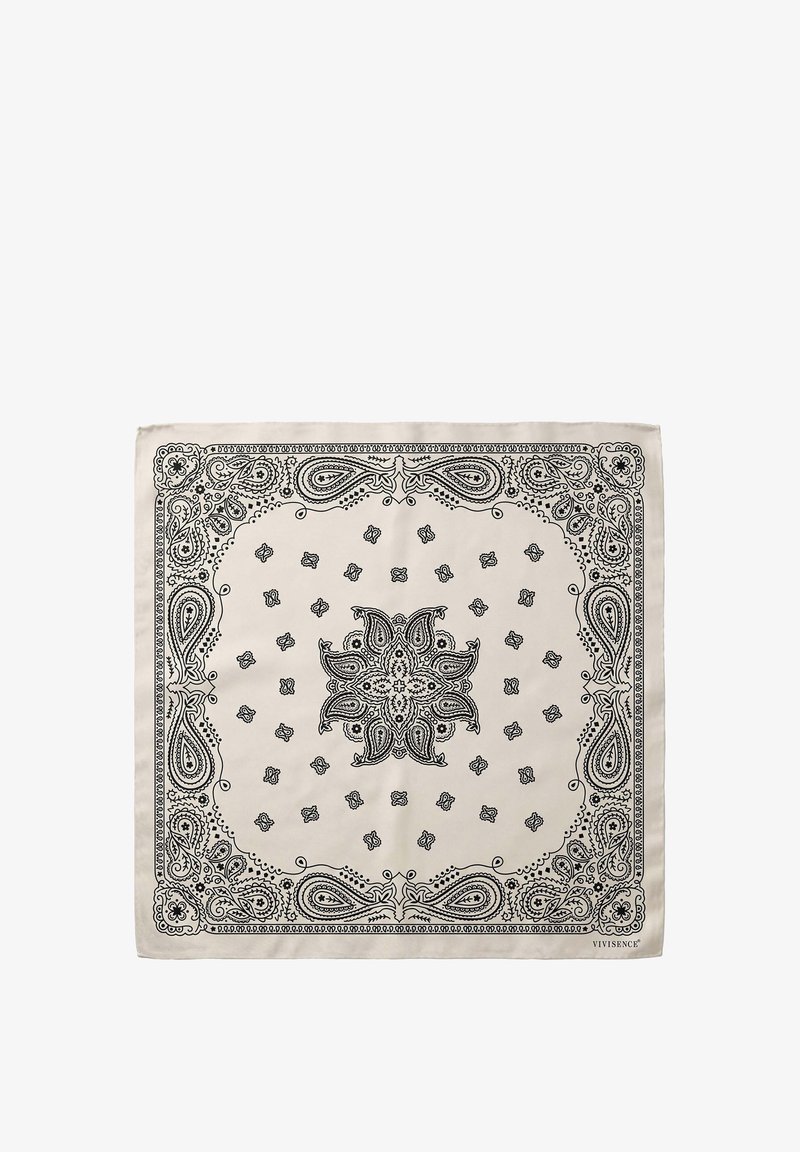 Négyzet alakú bézs bandana fekete, bonyolult paisley és virágmintákkal a közepén és a szélén, sarkában "VIVISENCE" felirattal.