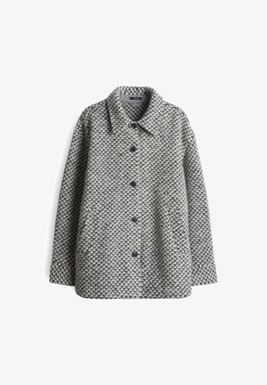 Grau-weiß strukturierter Wollmantel mit Knopfleiste, Kragen und zwei Seitentaschen, auf einem weißen Hintergrund präsentiert.