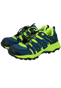 Blue and lime green athletic shoes with mesh and synthetic upper, adjustable bungee laces, and textured black rubber outsole.