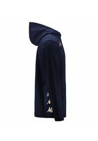Felpa navy con tasca a marsupio, cappuccio con cordino e dettagli dorati sul petto e sulla manica, realizzata in tessuto morbido con una texture liscia.