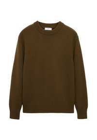 Brauner Strickpullover mit rundem Ausschnitt, langen Ärmeln und gerippten Bündchen und Saum. Einfaches Design mit weicher Textur und ohne sichtbare Muster oder Akzente.