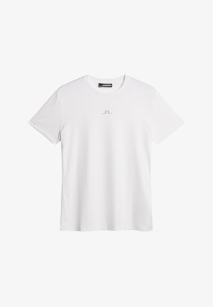 T-shirt blanc à manches courtes en tissu lisse. Présente un logo gris minimaliste centré sur la poitrine. Encolure ronde classique.