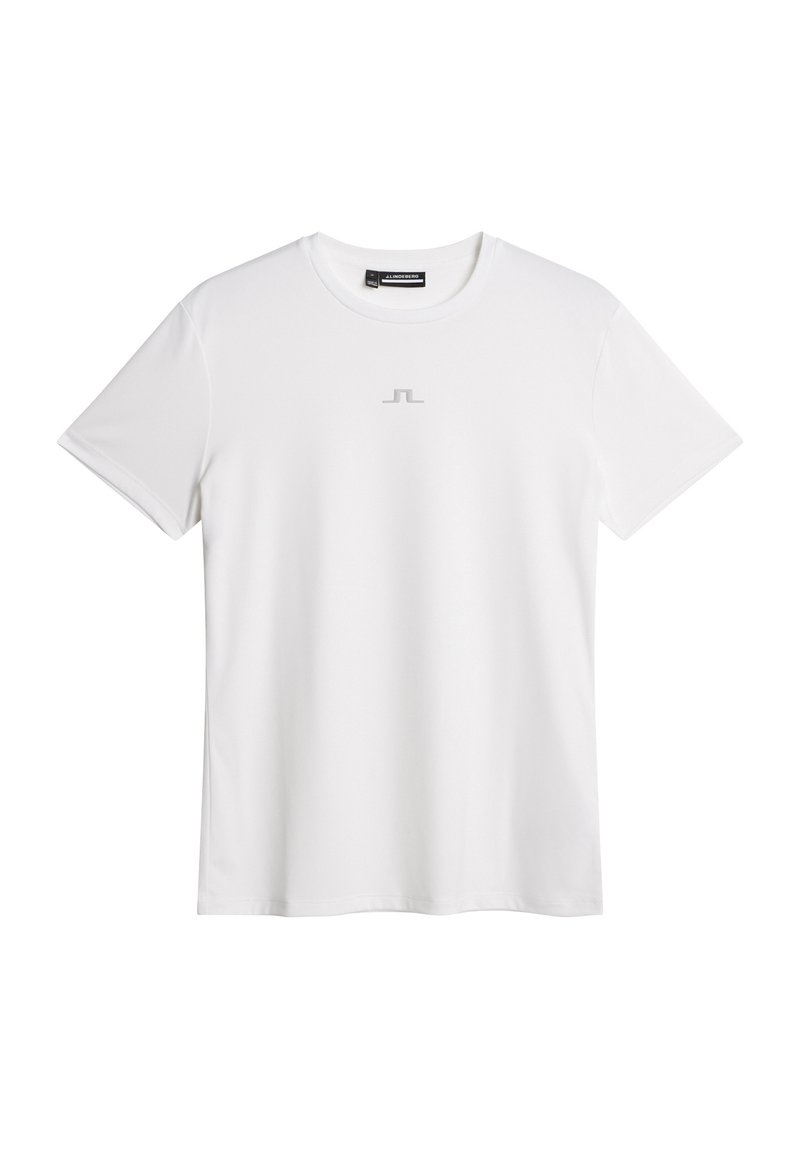 T-shirt bianco a maniche corte realizzato in tessuto liscio. Presenta un logo grigio minimalista centrato sul petto. Collo rotondo classico.